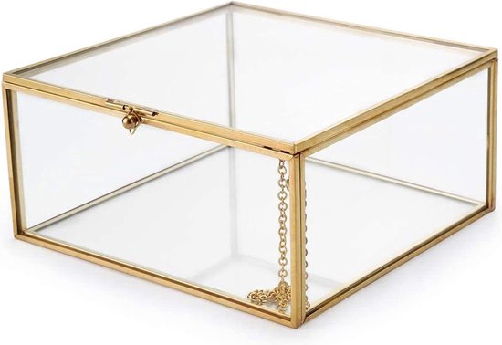 Utopz Grote decoratieve heldere glazen doos met gouden geometrische lijn en messing schaduwdoos, sieraden display schatkoffer, 11 × 11,4 x 12,7 cm