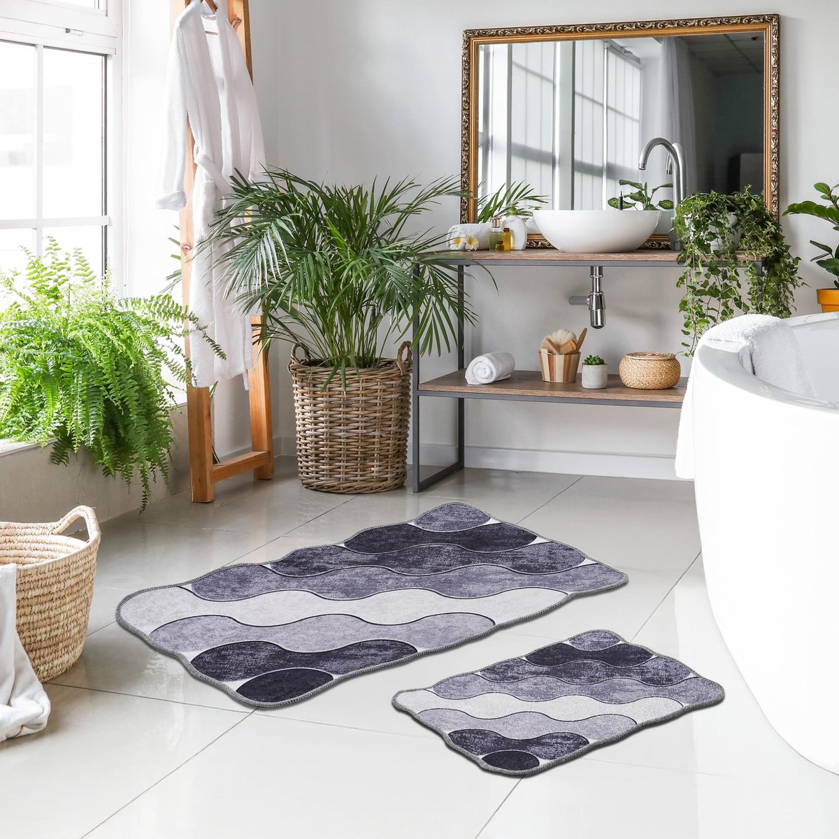 La'Moussawi ® Elegante Grijze Ovale Badmat Set, 2-Delig, Antislip en Wasbaar, Ideaal voor Badkamercomfort