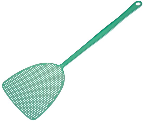 Groene vliegenmepper met brede, geperforeerde kop en lange steel, detail van de steel met een oog.