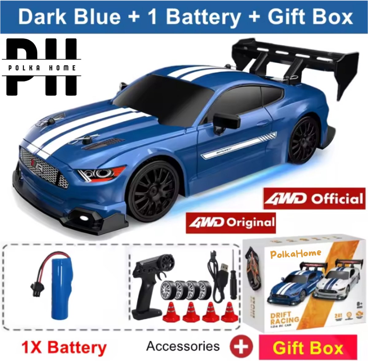 PolkaHome RC Drift Auto 1:24 – Afstandsbestuurbare RC Auto – 4WD – 2 Accu’s – 20 km/h — afbeelding 13