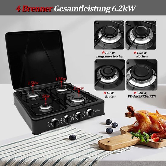 IBBO® - Gas kooktoestel 4 pits - Campingkooktoestel - Gaskookplaat - Zwart van IBBO — afbeelding 3