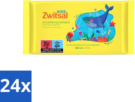 Een gele verpakking Zwitsal Kids snoetenpoetsers met een walvis, met '24x' eronder.