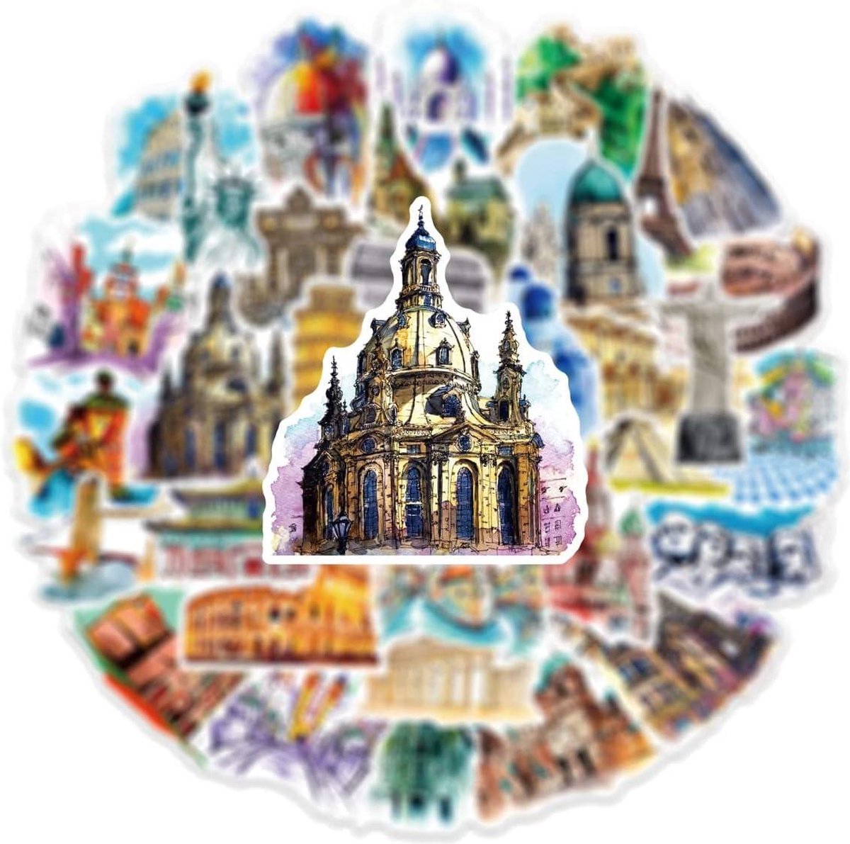 50 Autocollants Monuments Monde - Stickers Aquarelle Tour Eiffel, Colisée... | Déco Cahier