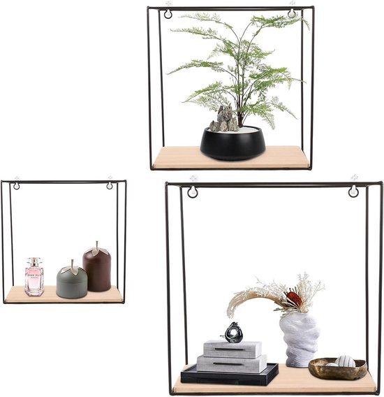 Set van 3 metalen wandplanken, hangrek, zwevend rek, zonder boren, wandopberger, organizer, wanddecoratie voor woonkamer, slaapkamer, badkamer, keuken, kantoor (geometrische afgeronde hoeken