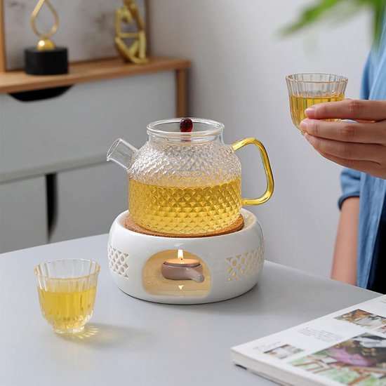 KAYBTNT Keramische theewarmer voor theepot, theepotwarmer, theelichtverwarmer, ronde theepot kachelbasis met metalen plaat en kandelaars voor glazen theepot, café, thee, melk, koper