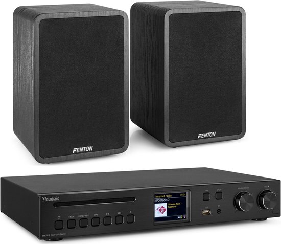 Audizio DAB+ radio, twee Fenton speakers met zwarte stof en houtfineer.