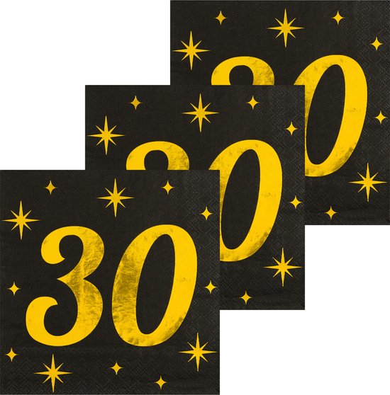 Paperdreams Verjaardag feest servetten - leeftijd 30 jaar - 48x stuks - zwart/goud - sterren - 33 x 33 cm