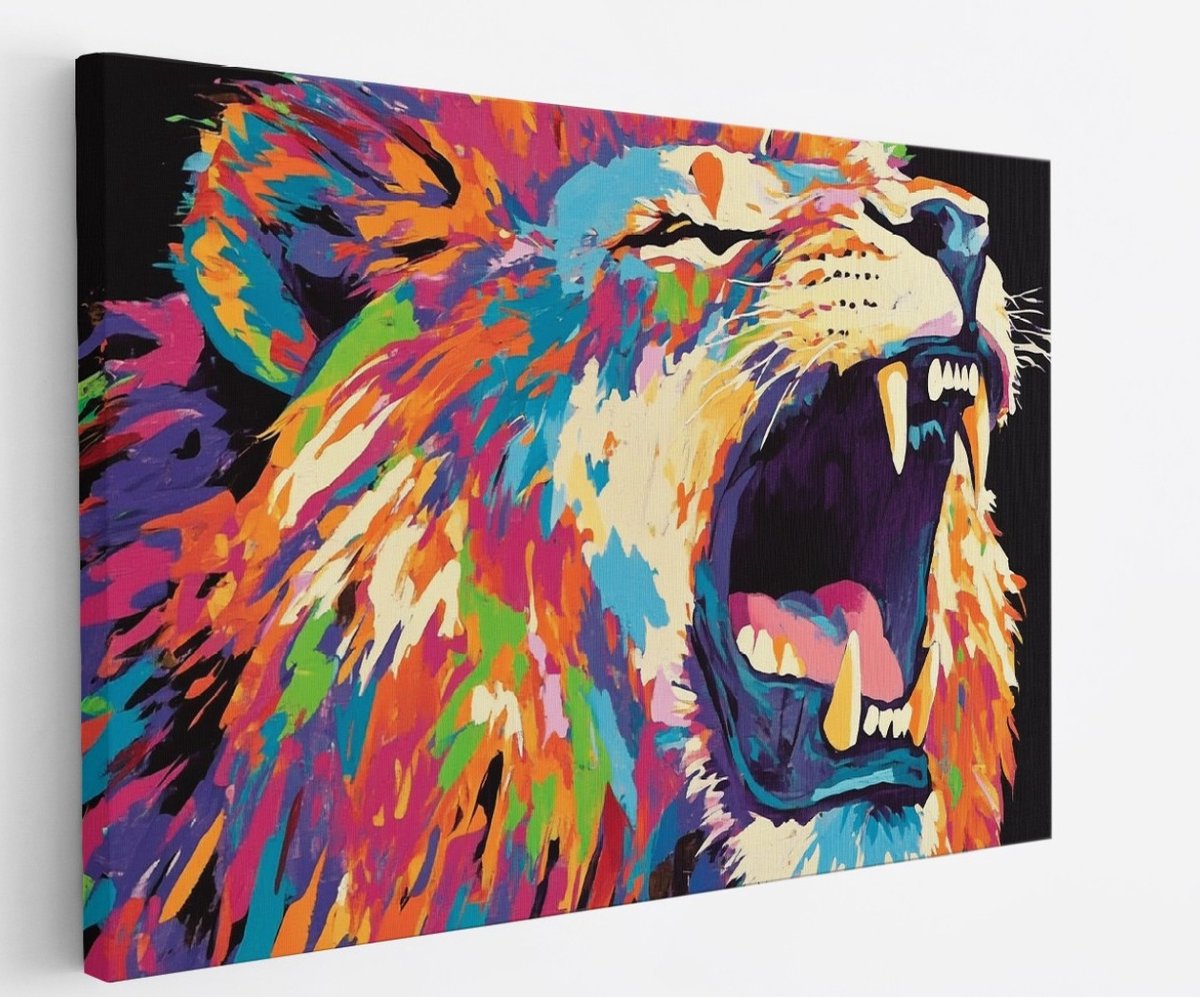 Saammp Canvas Schilderij - Kleurrijke leeuw - Abstract - Dieren - Natuur - 50x40 - Foto op canvas - Wanddecoratie - Muurdecoratie Woonkamer - Slaapkamer decoratie - Canvas Print Multicolor