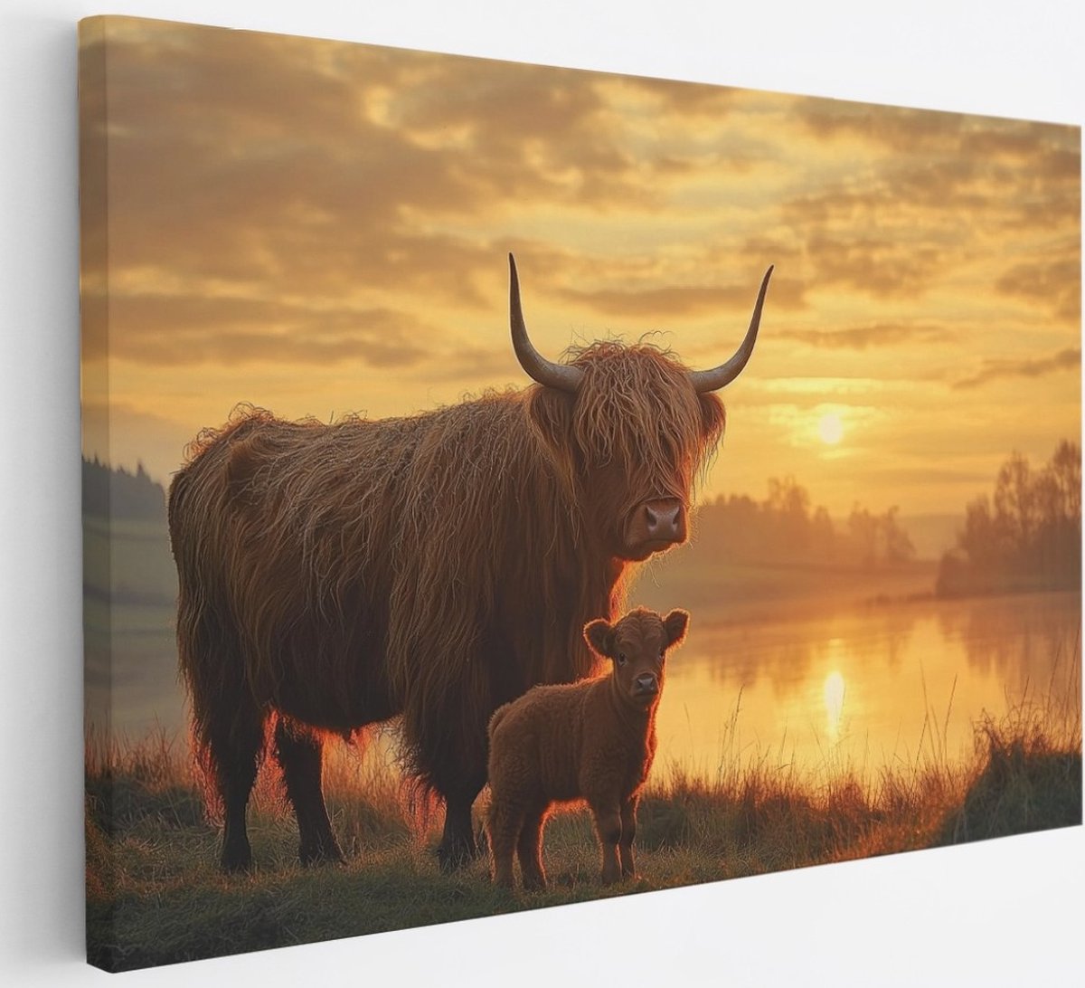 Saammp Canvas Schilderij - Schotse Hooglander Koe - Kalf - Zonsondergang - Dieren - Natuur - 30x20 - Foto op canvas - Wanddecoratie - muurdecoratie Woonkamer - Slaapkamer decoratie - Canvas Print Multicolor