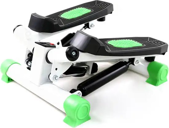 Witte stepper met zwarte en groene pedalen, staalconstructie.