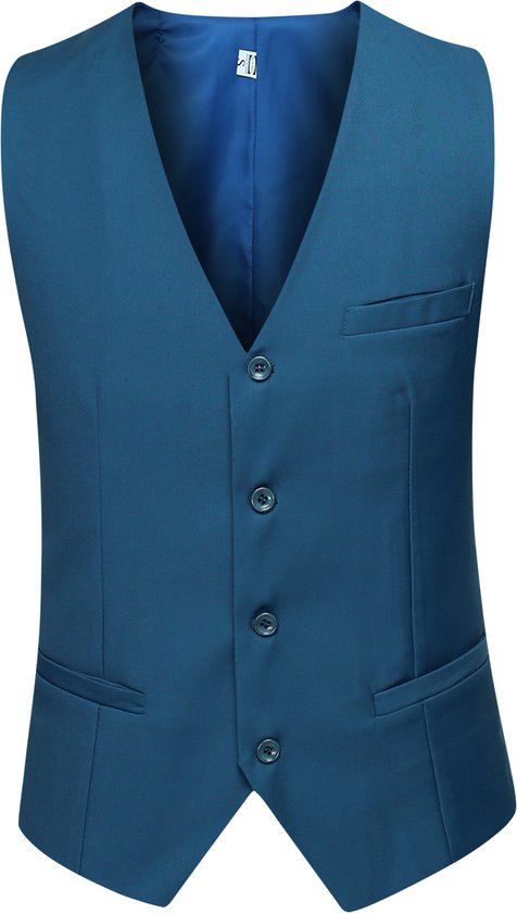 Blauw gilet met V-hals, knoopsluiting en borstzakje.