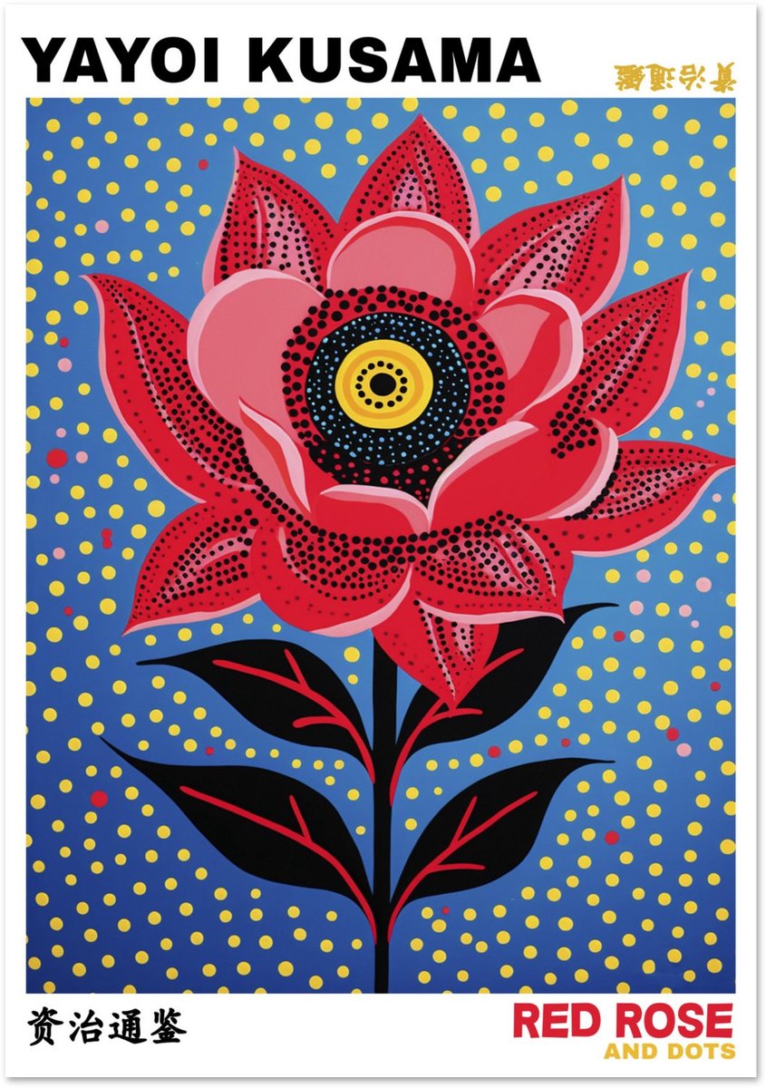 Yayoi Kusama - Red rose and dots Poster 70x100 cm - exclusief lijst