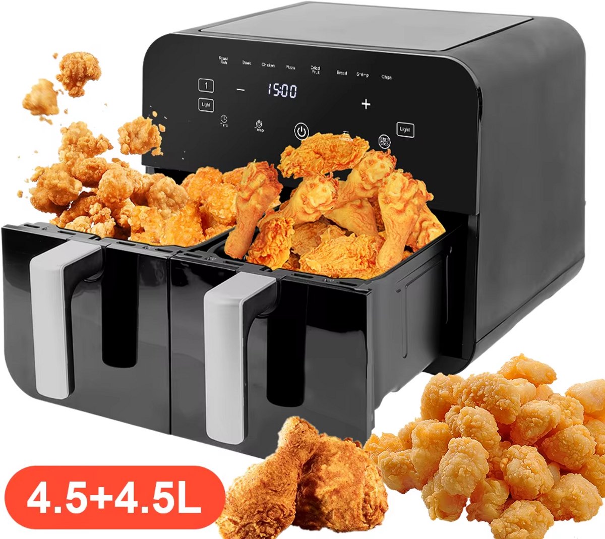 Afbeelding 3 van CozyLiving AirFryer XXL - Dubbele Mand - 9L - Tot 6 Personen - Zwart/Zilver - Kijkvenster - Heteluchtfriteuse