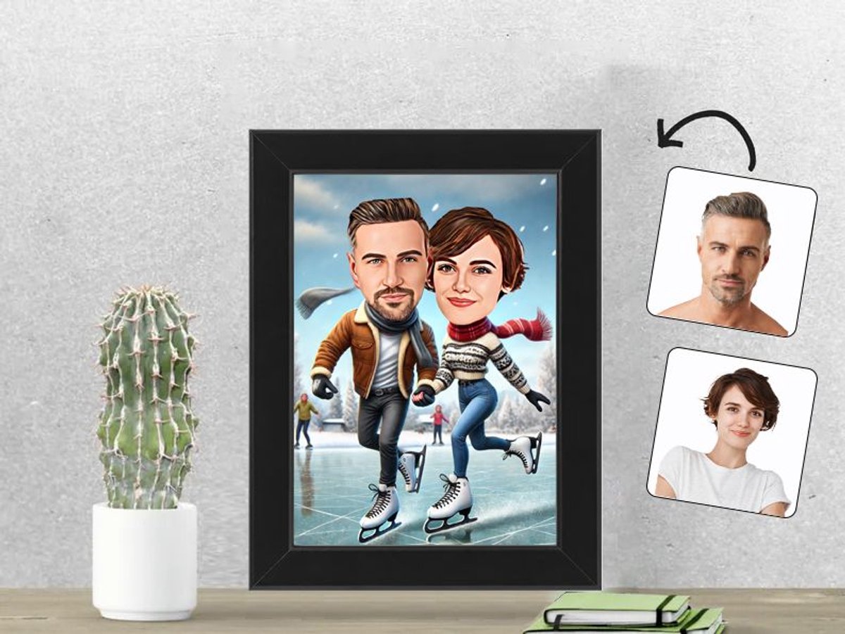 Winterse Schaatsscene voor Stelletjes - Gepersonaliseerde Karikatuur Fotolijst 13x18 cm - Gepersonaliseerd Cadeau - Met Jouw Foto - Verjaardag - Kerst - Valentijn - Uniek en Handgemaakt - Cadeau - Verjaardag - Kerst - Kado - Valentijn - Huwelijk - Mo