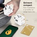 Een hand wordt getoond die een compacte Travara wereldstekker oppakt. De stekker is 6x6x7 cm groot en past in een koffer. Ook een Visa kaart en smartphone.