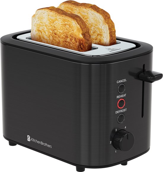 KitchenBrothers Broodrooster - Retro - Toaster - 6 Instelbare Roosterstanden - 2 Extra Brede Sleuven - 820W - Gunmetal/Zwart - RVS