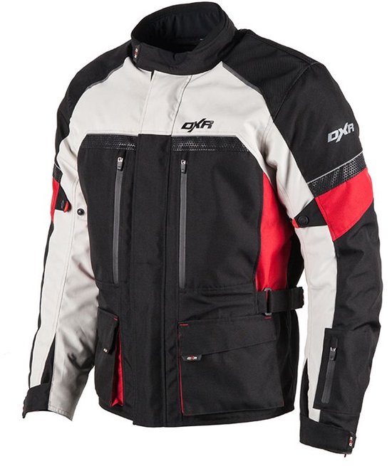 Zwarte DXR motorjas, lichtgrijs en rood, met ritsen en zakken.