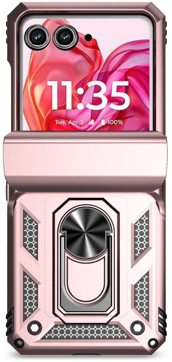 Mobigear Hoesje geschikt voor Motorola Razr 50 Telefoonhoesje Hardcase | Mobigear Armor Ring Backcover Shockproof met Ringhouder | Schokbestendig Razr 50 Telefoonhoesje | Anti Shock Proof - Roségoud