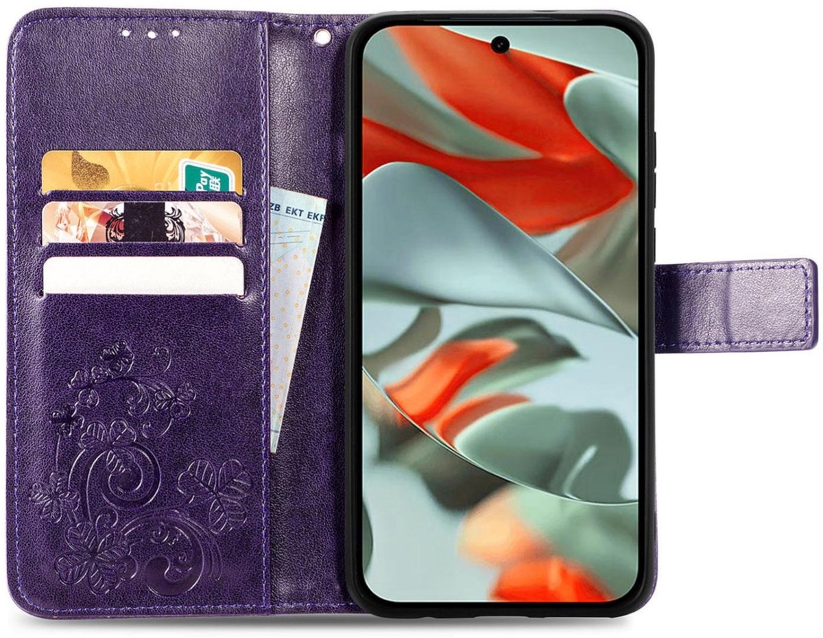 Mobigear Telefoonhoesje geschikt voor Google Pixel 9 Pro XL Hoesje | Mobigear Clover Bookcase Portemonnee | Pasjeshouder voor 3 Pasjes | Telefoonhoesje voor Pinpas / OV Kaart / Rijbewijs - Paars