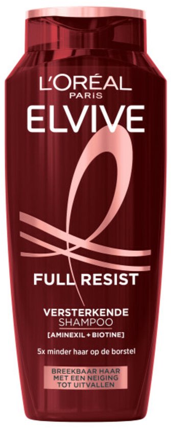 Donkerrode L'Oréal Elvive Full Resist shampoo fles met gouden logo en tekst: 'Versterkende Shampoo', 'Aminexil + Biotine', '5x minder haar op de borstel'.