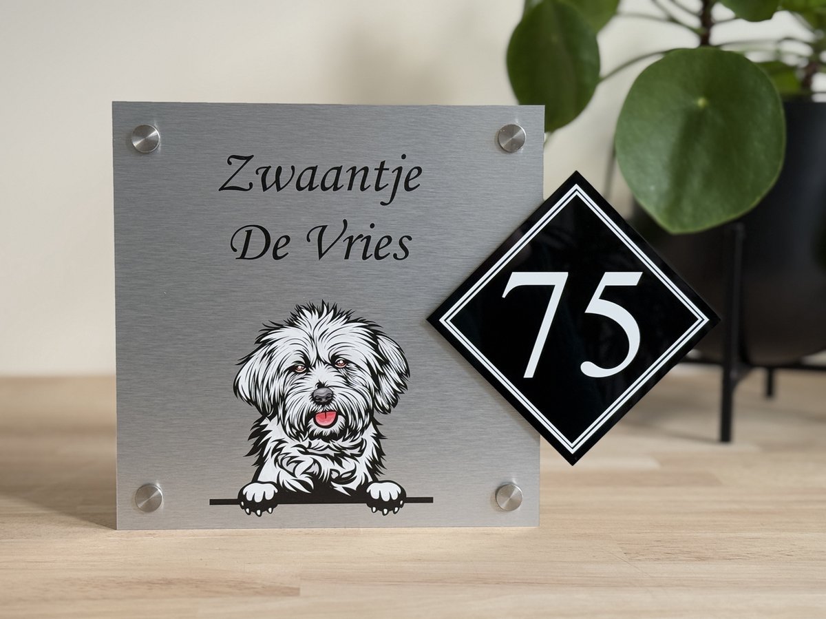 Naambordje voordeur | huisnummer | Maltezer hondje | 20x28cm | rvs-look | rvs afstandhouders