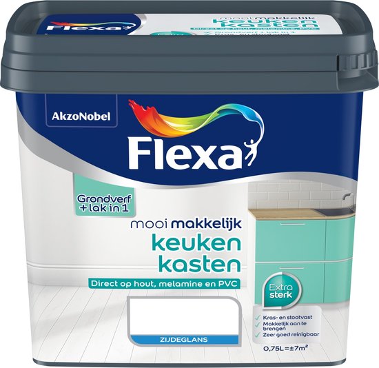 Pot Flexa keukenlak "Vol Veen", zijdeglans. Met opdruk 'mooi makkelijk keukenkasten'.
