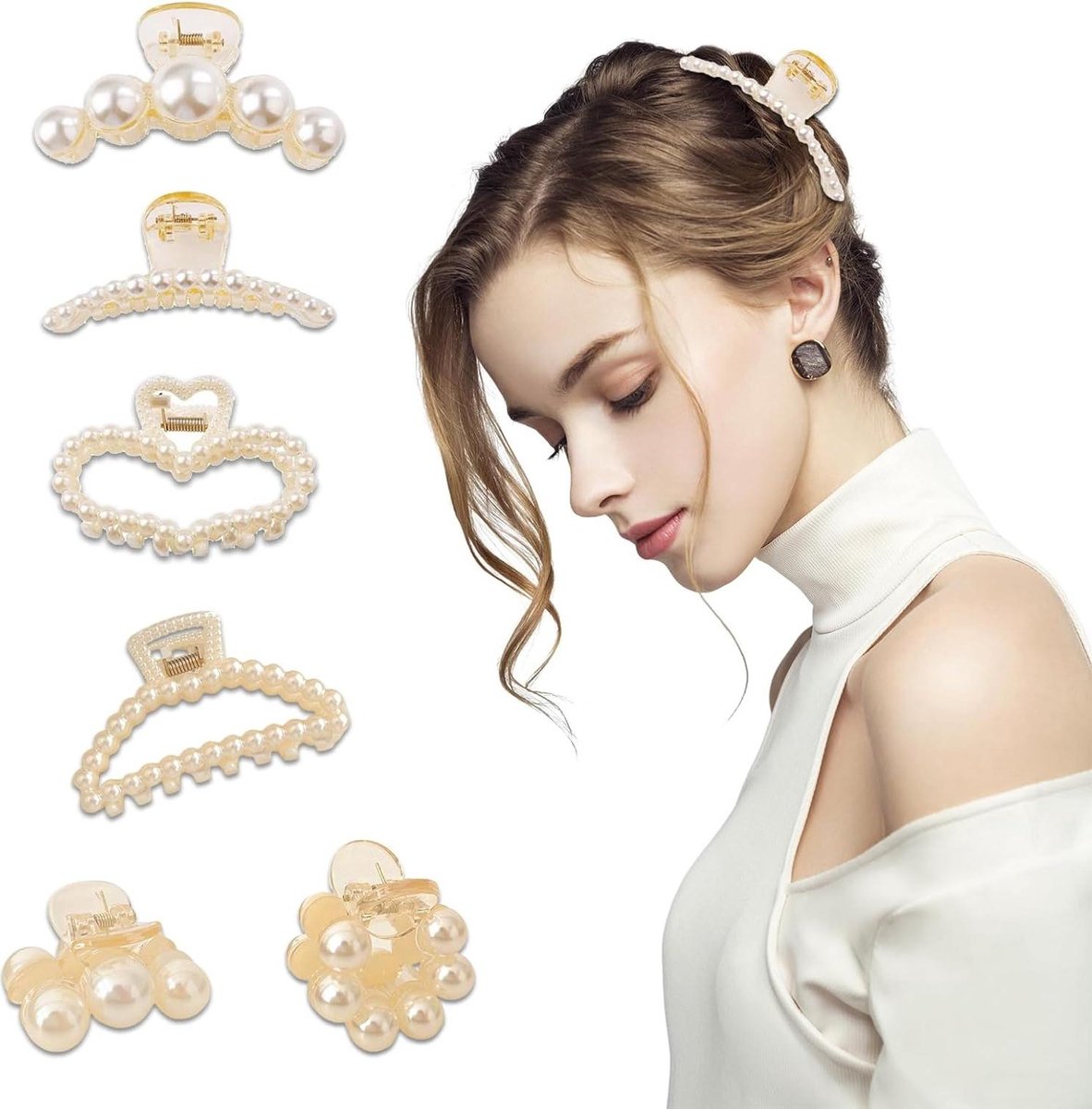 Parelkleurige haarklauwclips voor vrouwen en meisjes - Barrette clips voor dik of dun haar - Mode haaraccessoires - Haarstyling gereedschap voor bruiloftsfeest - 6 stuks .
