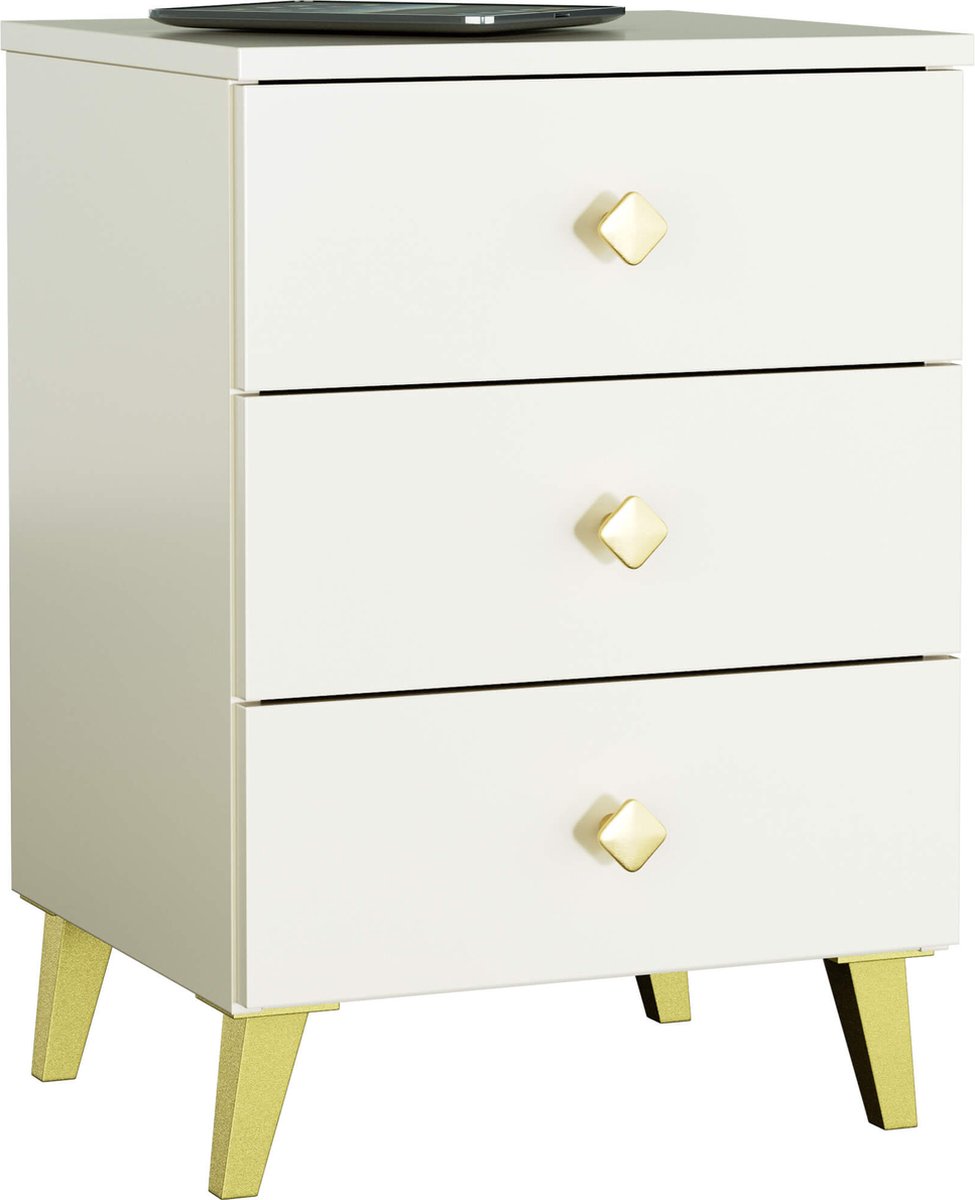 Nachtkastje MOBI Kasjmier met 3 Lades / AKORD Furniture Factory / Kasjmierkleur met Gouden Handvatten / 40 x 58 x 37 cm