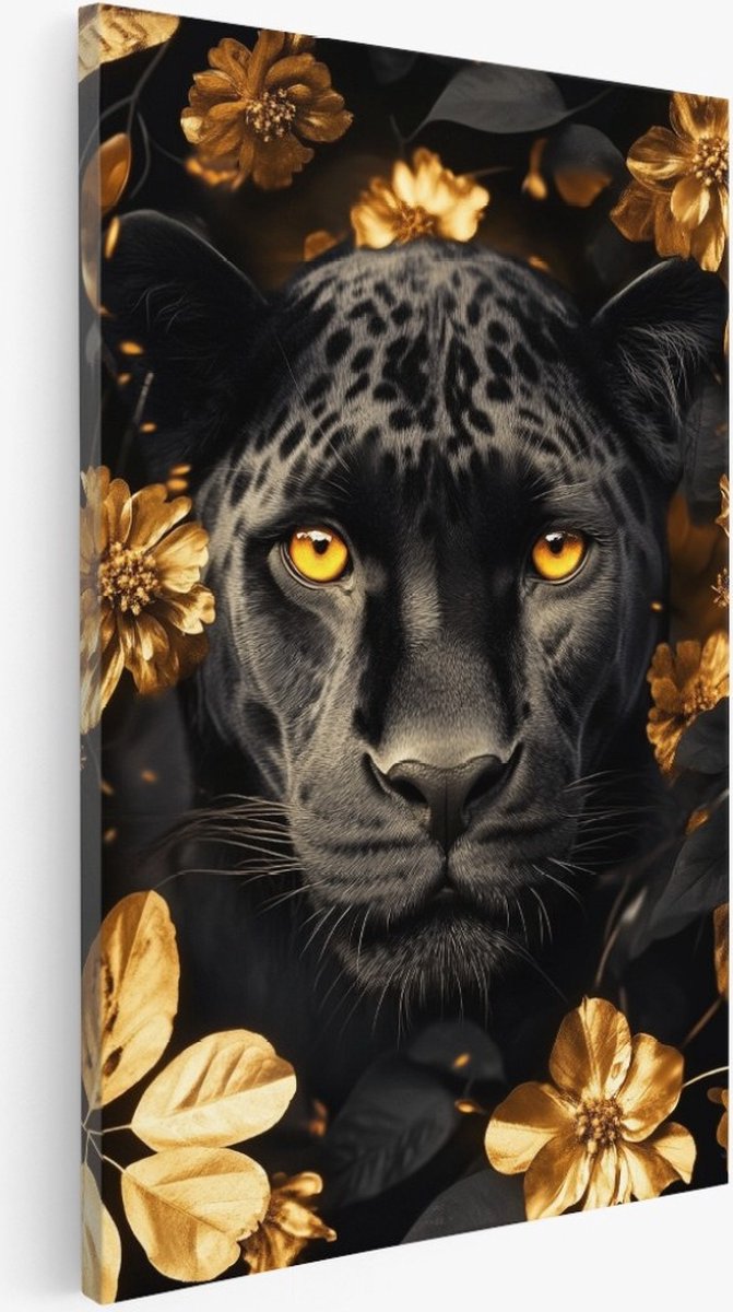 Saammp Canvas Schilderij - Zwarte Panter met goude bloemen - Dieren - Natuur - 20x30 - Foto op canvas - Wanddecoratie - Muurdecoratie Woonkamer - Slaapkamer decoratie - Canvas Print Multicolor