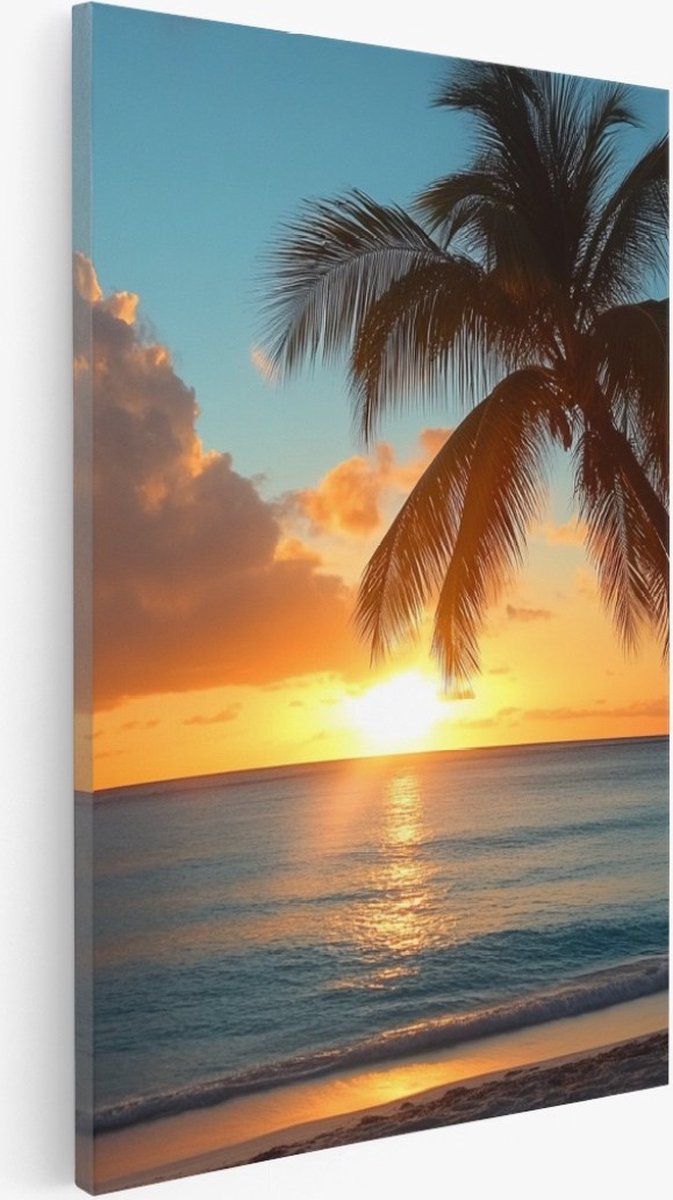 Saammp Canvas Schilderij - Tropisch strand - Zee met zonsondergang - Palmboom - 50x70 - Foto op canvas - Wanddecoratie - muurdecoratie Woonkamer - Slaapkamer decoratie - Canvas Print Multicolor