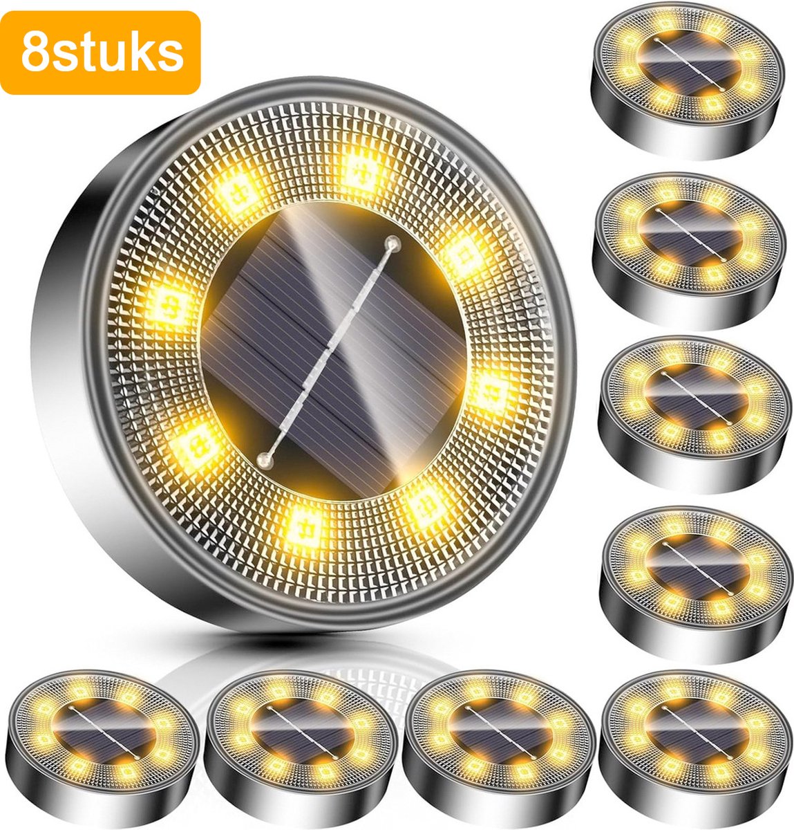 Led Solar Grondspots - (8stuks)Warm wit-RVS met 8 Leds Spotjes Grond Spots op Zonne-energie - 8 Uur Buiten Verlichting in Tuin - IP68 Waterdicht - Tuinverlichting Lamp op zonne energie-Buitenverlichting Tuinlamp