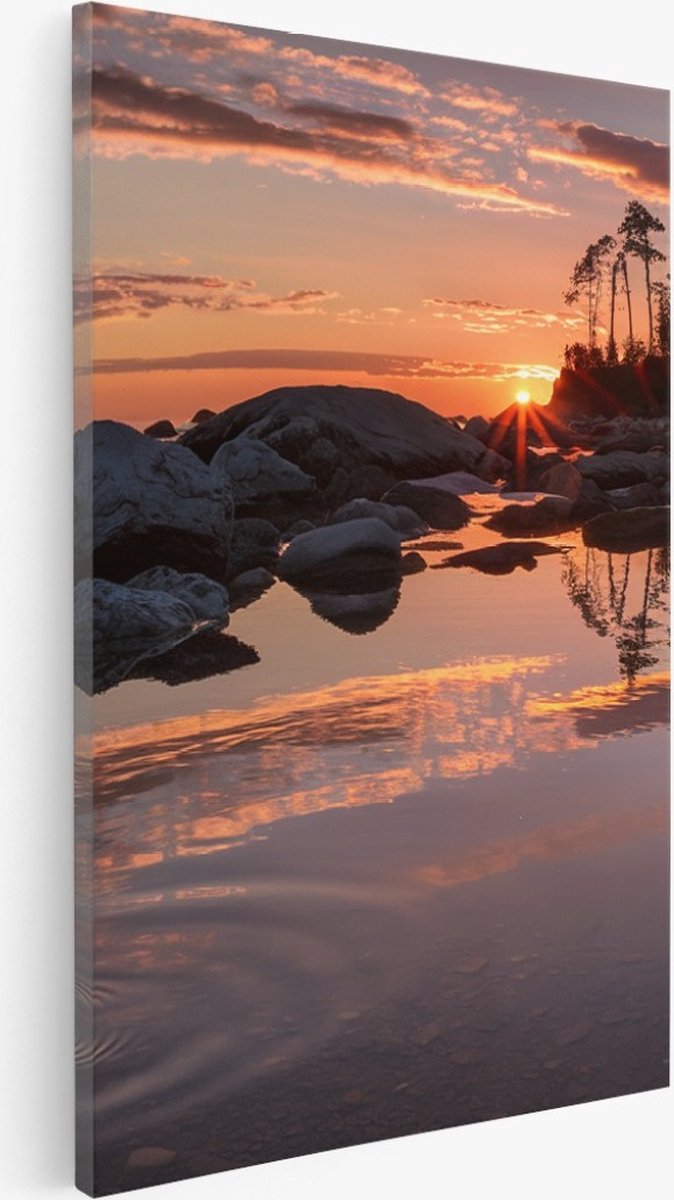Saammp Canvas Schilderij - Zonsondergang - Stenen - Bomen - Landschap - Natuur - 75x100 - Foto op canvas - Wanddecoratie - Muurdecoratie Woonkamer - Slaapkamer decoratie - Canvas Print Multicolor
