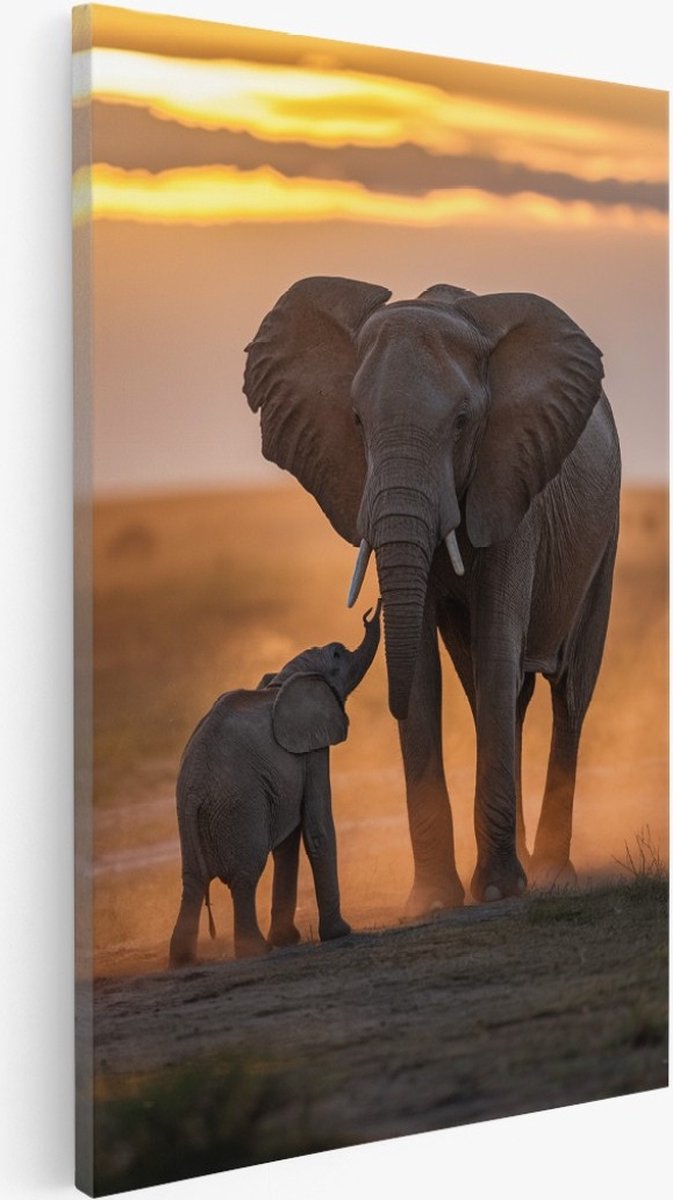 Saammp Canvas Schilderij - Olifant met kalf - Abstract - Dieren - 75x100 - Foto op canvas - Wanddecoratie - Muurdecoratie Woonkamer - Slaapkamer decoratie - Canvas Print Multicolor