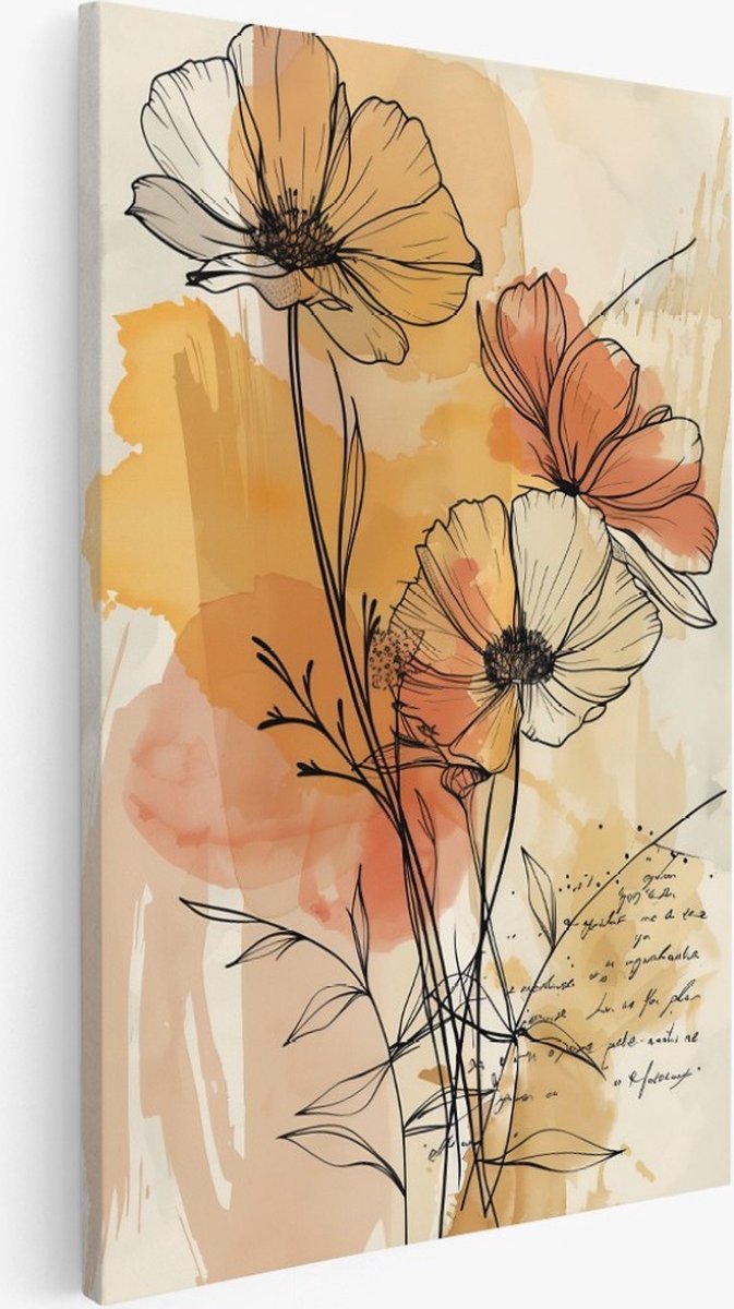 Saammp Canvas Schilderij - Getekende bloemen - Abstract - 80x120 - Foto op canvas - Wanddecoratie - Muurdecoratie Woonkamer - Kantoor Decoratie Multicolor
