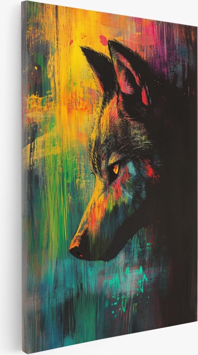 Saammp Canvas Schilderij - Abstracte Wolf - Dieren - Kleurrijk - 80x120 - Foto op canvas - Wanddecoratie - Muurdecoratie Woonkamer - Slaapkamer decoratie - Canvas Print Multicolor