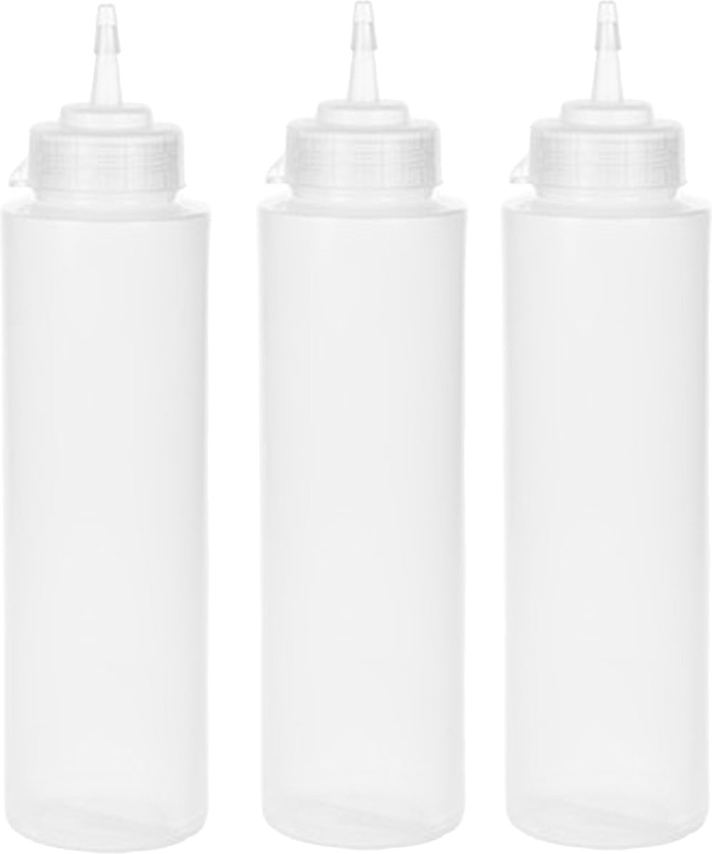CM Doseerfles/sausfles transparant - 3x - kunststof - met schenktuit - 1000 ml - 28 x 8 cm - Pannenkoeken/poffertjes