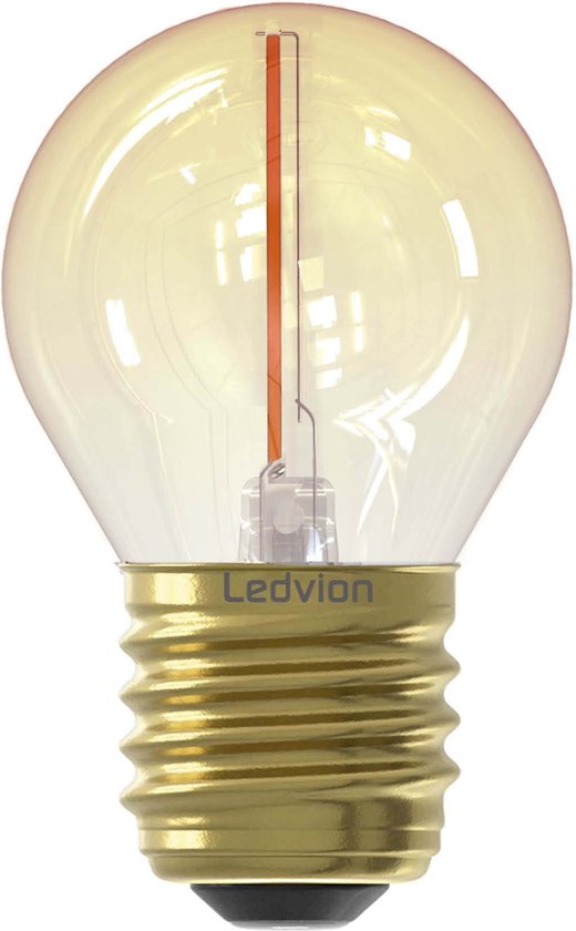 Bolvormige amberkleurige LEDlamp met messing E27 fitting en één verticale filament.