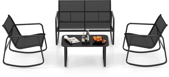 COSTWAY 4-delige tuinmeubelset, terrasmeubels met zachte schommelbeweging, zitgroep, zitgroep voor 4 personen, tuingarnituur incl. 2 stoelen, bank & tafel, voor tuin, terras, zwembad