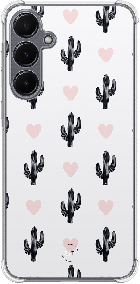 Shockproof hoesje - Geschikt voor Samsung Galaxy A15 - Cactus hartjes - Extra sterke case - TPU/polycarbonaat - Planten - Wit, Transparant