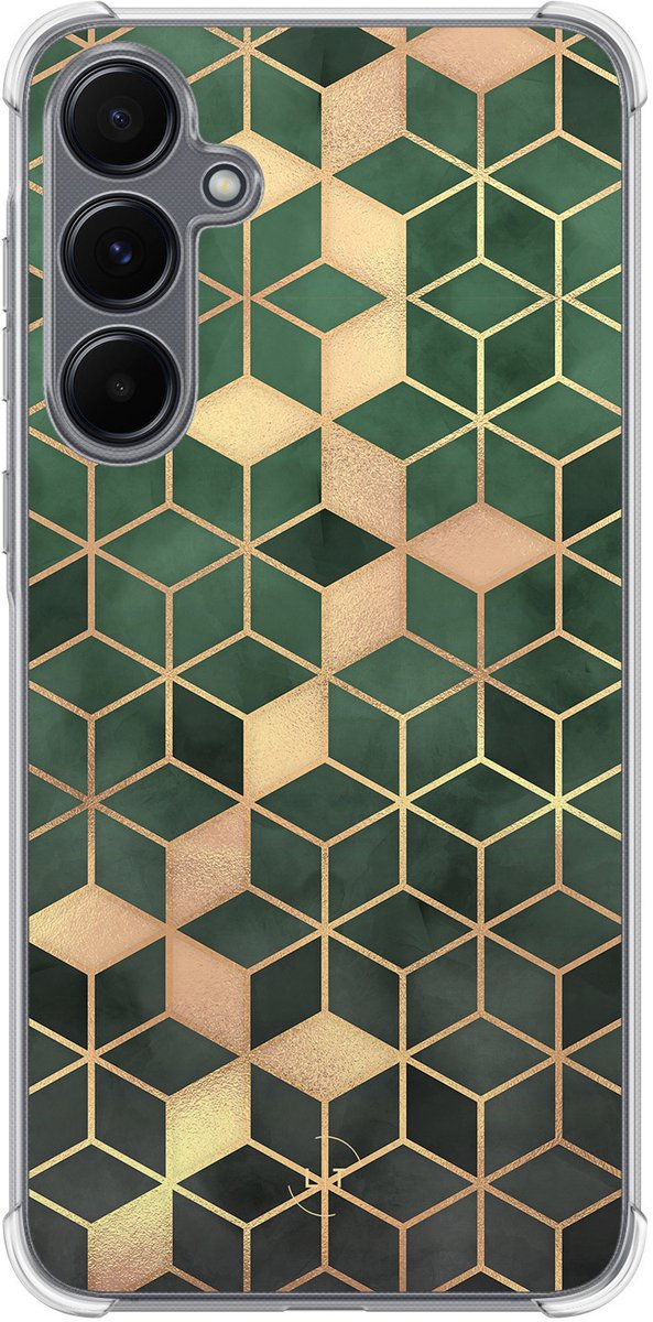 Shockproof hoesje - Geschikt voor Samsung Galaxy A35 - Kubus groen - Extra sterke case - TPU/polycarbonaat - Print / Illustratie - Groen, Transparant