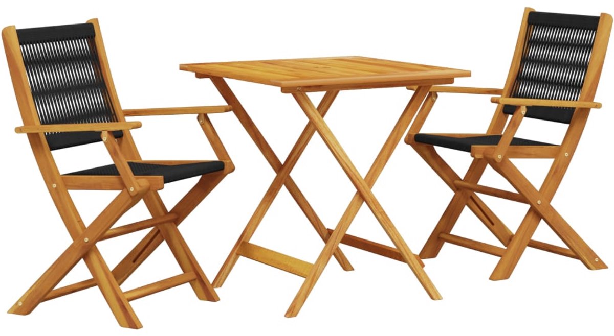 The Living Store 3-delige Bistroset polypropeen en massief hout zwart - Tuinmeubel - Bistroset - Acacia Hout - Buitentafel - Vouwtafel