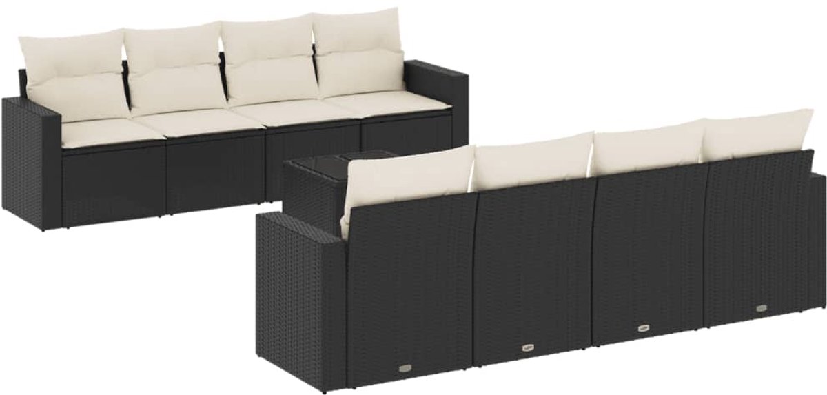 The Living Store 9-delige Loungeset met kussens poly rattan zwart - Loungebank - Lounge Set - Buitendecoratie - Tuinstoel - Loungestoel