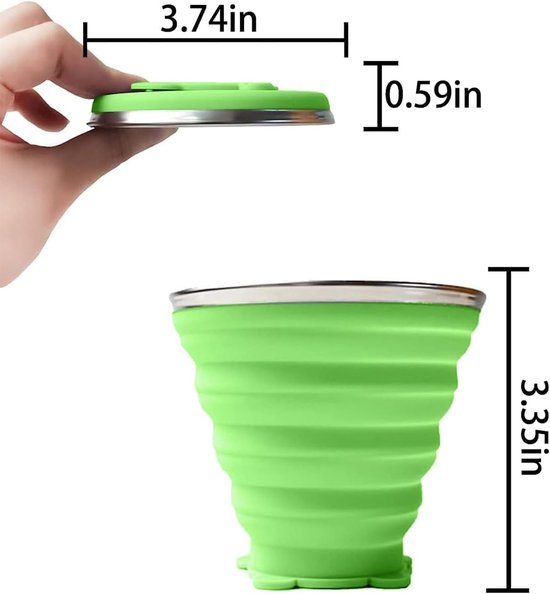 2 stuks opvouwbare reisbekers, opvouwbare koffiebeker met deksel, 320 ml, BPA-vrij, intrekbaar, geschikt voor picknick, camping, outdoor, wandelen, reizen (groen + grijs) — afbeelding 2