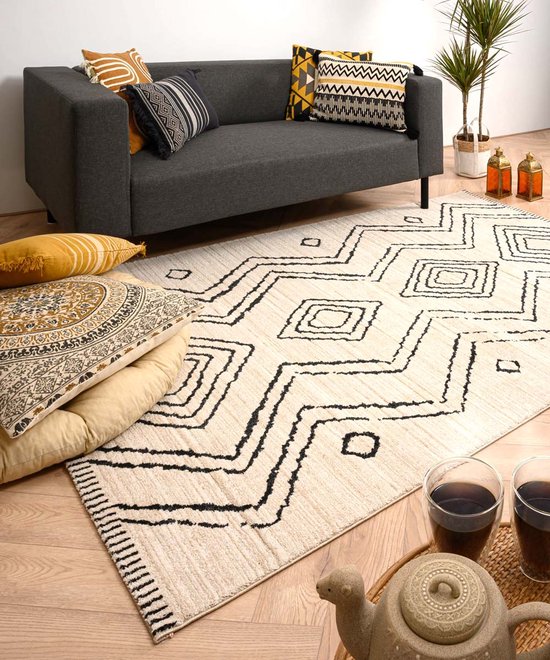 Tapis berbère Beni Ouarain Bahij - crème/noir 200x300 cm