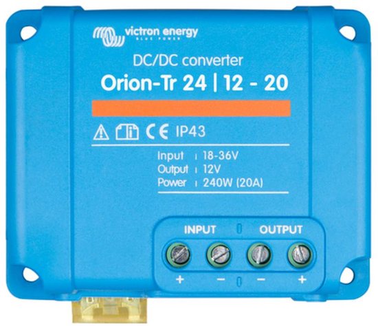 Blauwe Victron Orion-Tr DC/DC-omvormer met tekst: 'Input 18-36V, Output 12V, Power 240W (20A)'. Schroefklemmen voor input en output.