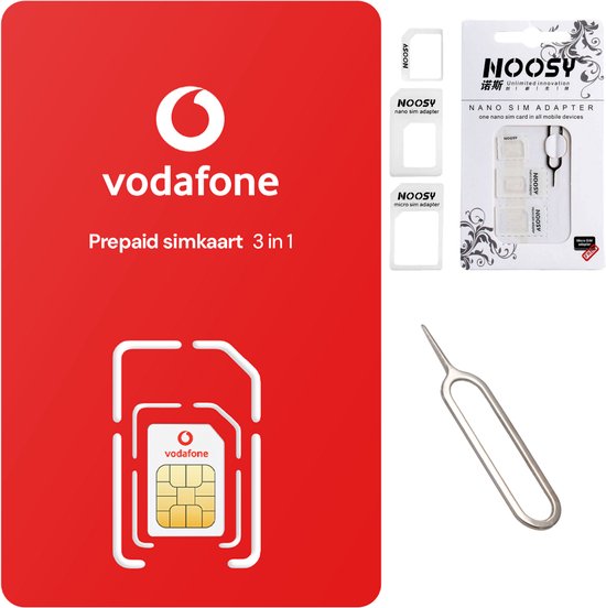 Vodafone Prepaid met €10 beltegoed | inclusief Noosy 3in1 adapter met pinnetje