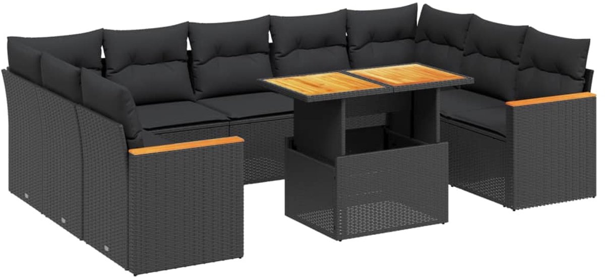The Living Store 11-delige Loungeset met kussens poly rattan zwart - Loungebank - Lounge Set - Tuinset - Buitendining - Outdoor Furniture