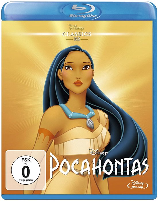 Pocahontas met lang zwart haar en een beige jurk met blauwe ketting, met de titel 'Pocahontas' eronder.