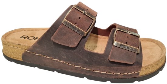 Bruine leren Rohde slippers met twee banden en gespen, met kurken zool.