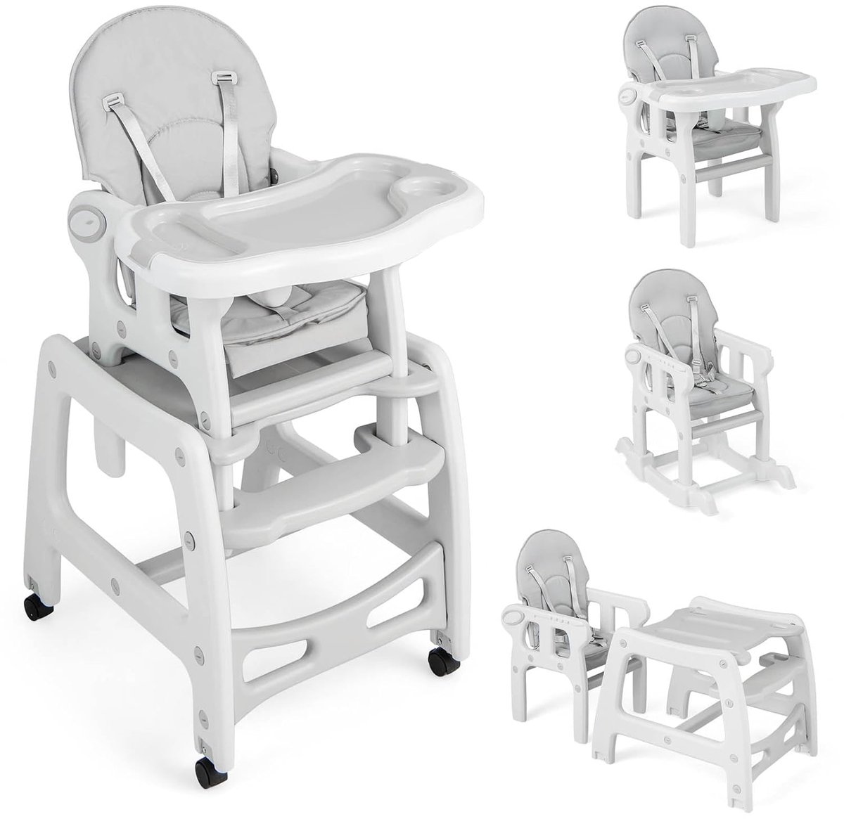 Image of 5-in-1 hoge babystoel, mobiele babystoel met schommelfunctie, kinderstoel met afneembaar dubbel dienblad en voetensteun, combi-kinderstoel met veiligheidsgordel, vanaf 6 maanden (met wielen
